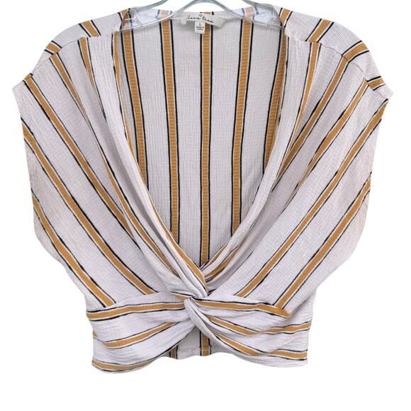 Love Tree Tops - Love Tree Striped Twist Front V-Neck Boho Blouse Top Yellow Black White Large
